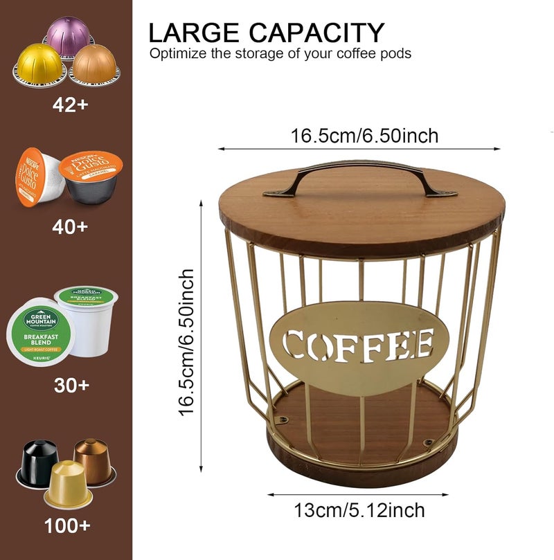 MFBJXC Round Coffee Pods Holder with Wooden Lid and Base,Wire Coffee Pods Storage Basket for Home Cafe Bar Countertop Decor(Gold) - Image 4