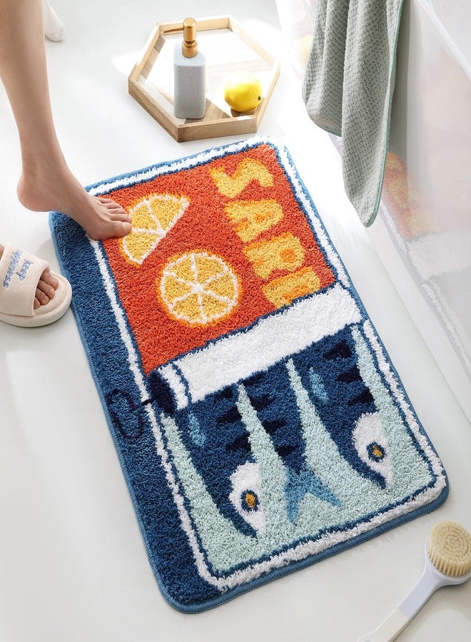 TRUEDAYS Sardine Can Bath Mat, Blue Bathroom Rugs for Bedroom, Soft Washable Rug Non Slip Cute Kitchen Bath Mats for Bathroom Funny Cartoon Fish and Lemon - Image 1