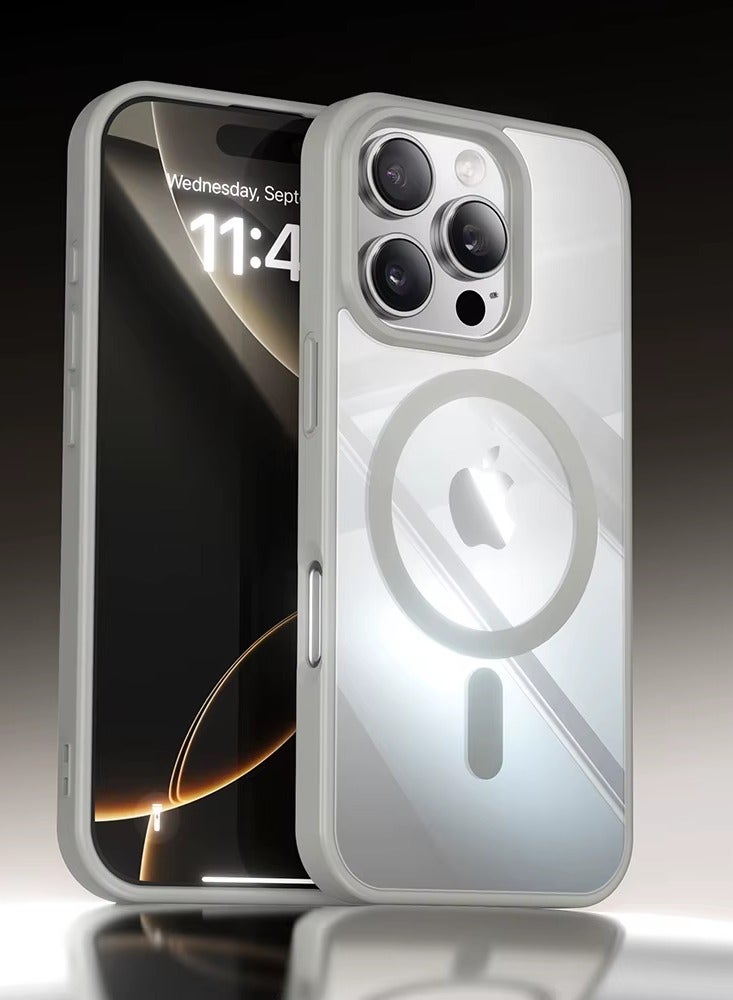 Raxoom iPhone 16 Pro Max Magsafe Transparent with Grey Bumper Case - N52 Stronger Magnets - Shockproof Protection - Image 1