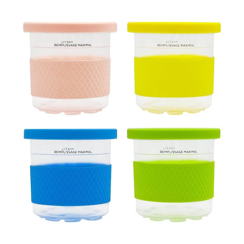 JOYSTAR joystar Ice Creami Containers Compatible with Ninja Creami Pints and Lids - 4 Pack with Silicone sleeve  16oz Cups NC301 NC300 NC299AMZ Series Ice Cream Maker  Color Lids (Yellow/Blue/Green/Pink)  - Image 1