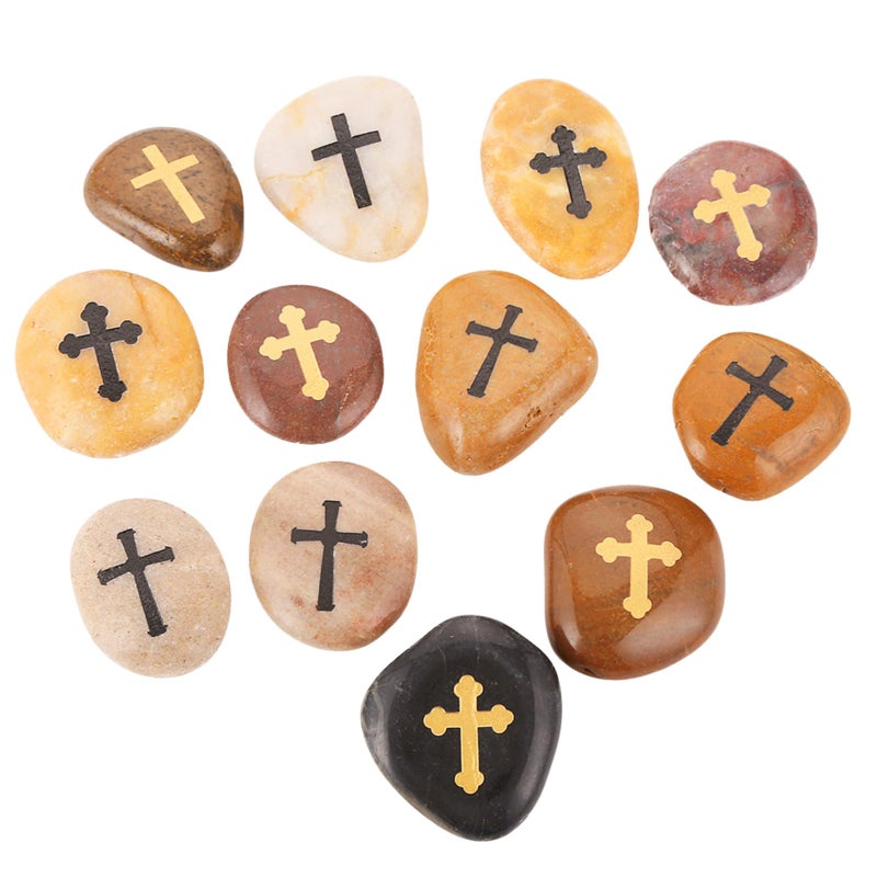 ROCKIMPACT 12pcs Comfort Cross Engraved Worry Stones for Pray Faith Smooth Polished Natural River Rock Baptism Christening Holy Communion Gift Bulk lot 1 Dozen 23 Inches Each