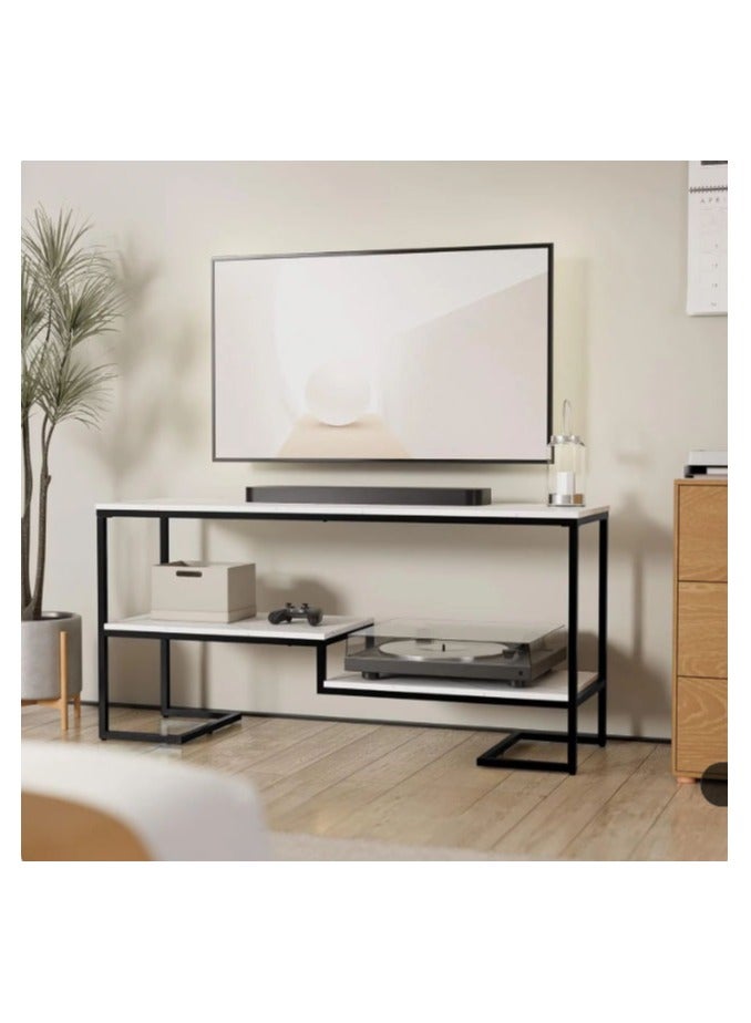 LINGWEI Modern TV Stand with Metal Frame & Marble Surface 135cm Console Table with 2 Tier Open Shelves Stylish Entertainment Center for Living Room White Marble Finish - Image 1