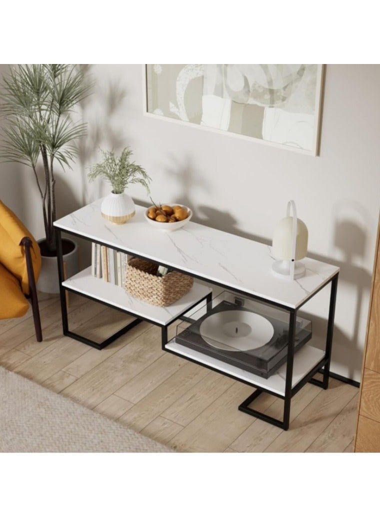 LINGWEI Modern TV Stand with Metal Frame & Marble Surface 135cm Console Table with 2 Tier Open Shelves Stylish Entertainment Center for Living Room White Marble Finish - Image 3