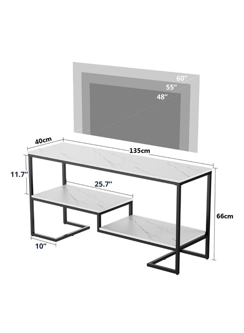 LINGWEI Modern TV Stand with Metal Frame & Marble Surface 135cm Console Table with 2 Tier Open Shelves Stylish Entertainment Center for Living Room White Marble Finish - Image 4