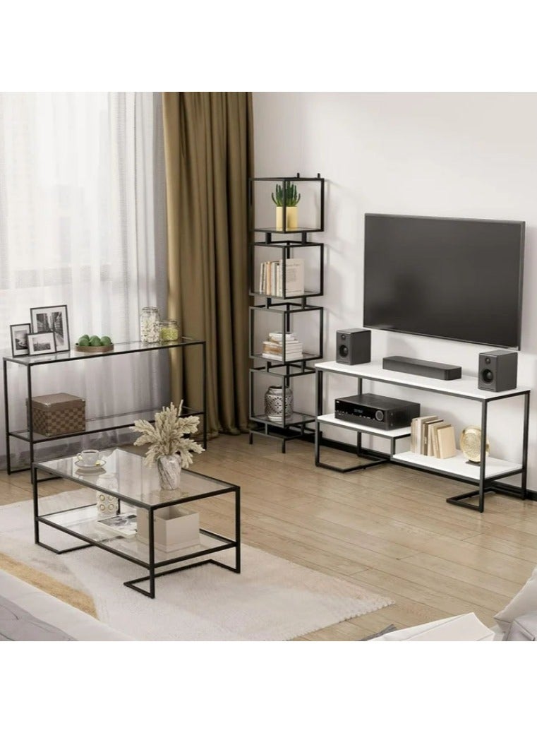 LINGWEI Modern TV Stand with Metal Frame & Marble Surface 135cm Console Table with 2 Tier Open Shelves Stylish Entertainment Center for Living Room White Marble Finish - Image 5
