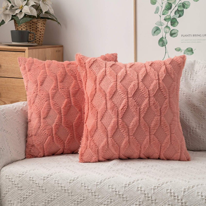 MIULEE Coral Red Throw Pillow Covers 20x20 Set of 2 Spring Decorative Farmhouse Couch Throw Pillows Boho Shells Cute Soft Plush Wool Winter Pillowcases for Bedroom Living Room Sofa