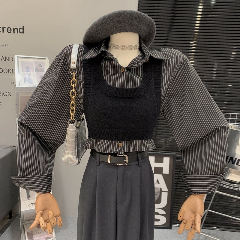 Autumn Knit Vest Stripe Shirt Womens Casual Two-Piece Set Black two-piece suit [shirt + vest]