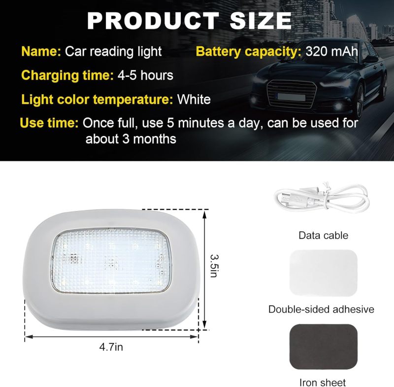 Magnetic Dome Light Grey ABS 10 LED Beads - USB Rechargeable Multi Functional Car Ceiling Light for Interior Camping Home Use - Image 2