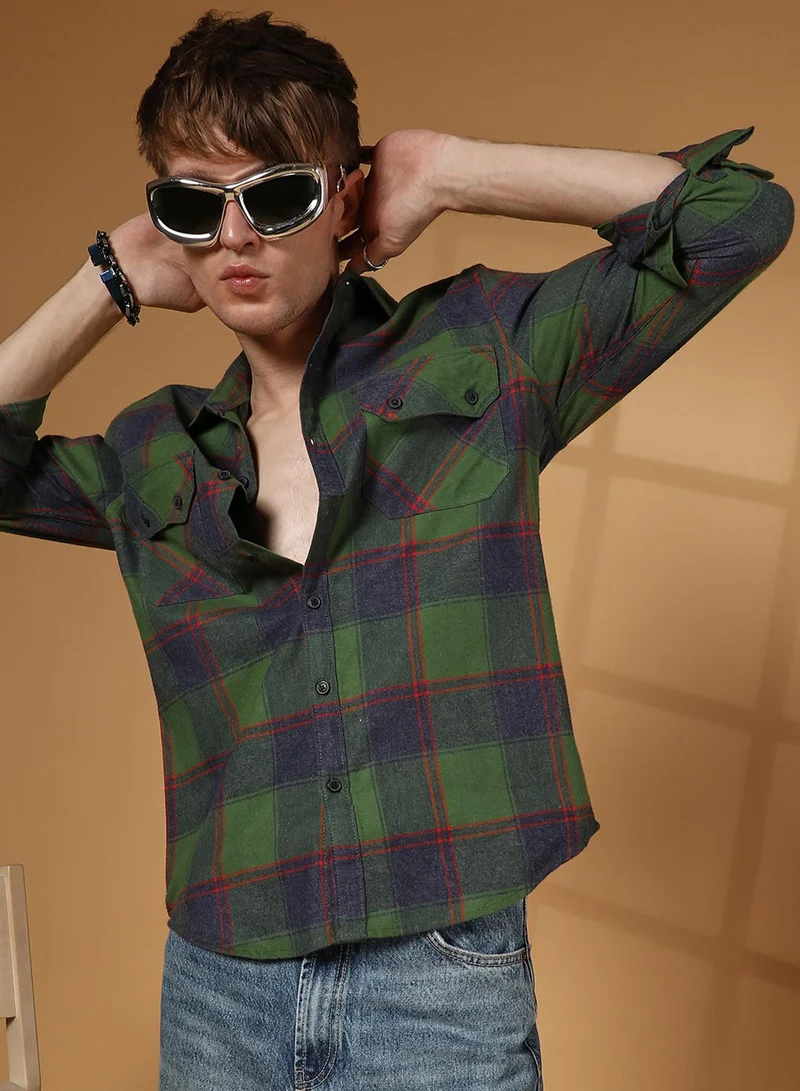 Campus Sutra Men's Forest Green & Indigo Blue Buffalo Check Utility Shirt