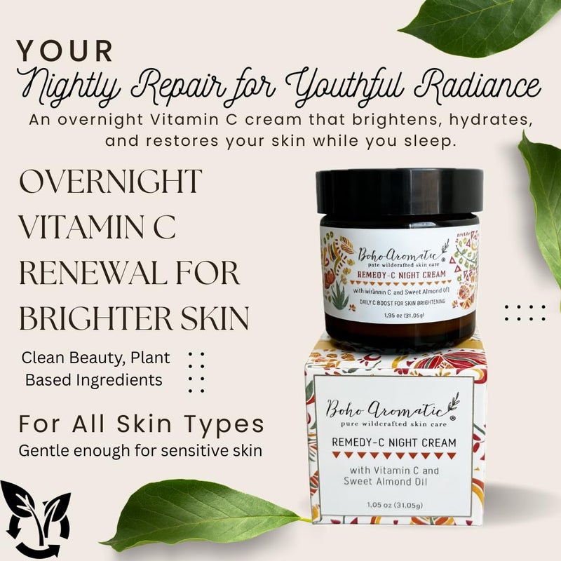 Boho Aromatic Vitamin C Night Cream for Face, Brightening Vitamin C Moisturizer Face Cream â€“ Hydrating Rich Night Serum Cream in Eco-Friendly Glass Jar, cruelty free Remedy-C - Image 2