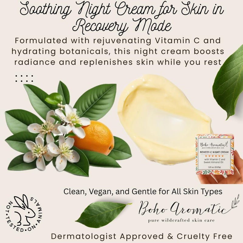 Boho Aromatic Vitamin C Night Cream for Face, Brightening Vitamin C Moisturizer Face Cream â€“ Hydrating Rich Night Serum Cream in Eco-Friendly Glass Jar, cruelty free Remedy-C - Image 3
