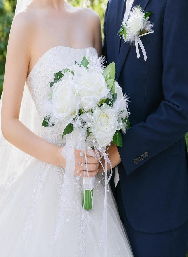 Eforcase Wedding Rose Bouquet Bridesmaid Flower Bouquets, 11" Feather White Rose Boho Wedding Artificial Bouquets for Bride Bridesmaid Holding Flower with Pearls Charm for Ceremony Party Decor Photo Props - Image 2