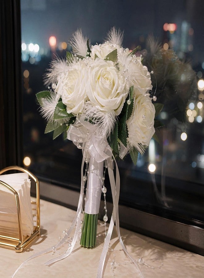 Eforcase Wedding Rose Bouquet Bridesmaid Flower Bouquets, 11" Feather White Rose Boho Wedding Artificial Bouquets for Bride Bridesmaid Holding Flower with Pearls Charm for Ceremony Party Decor Photo Props - Image 3