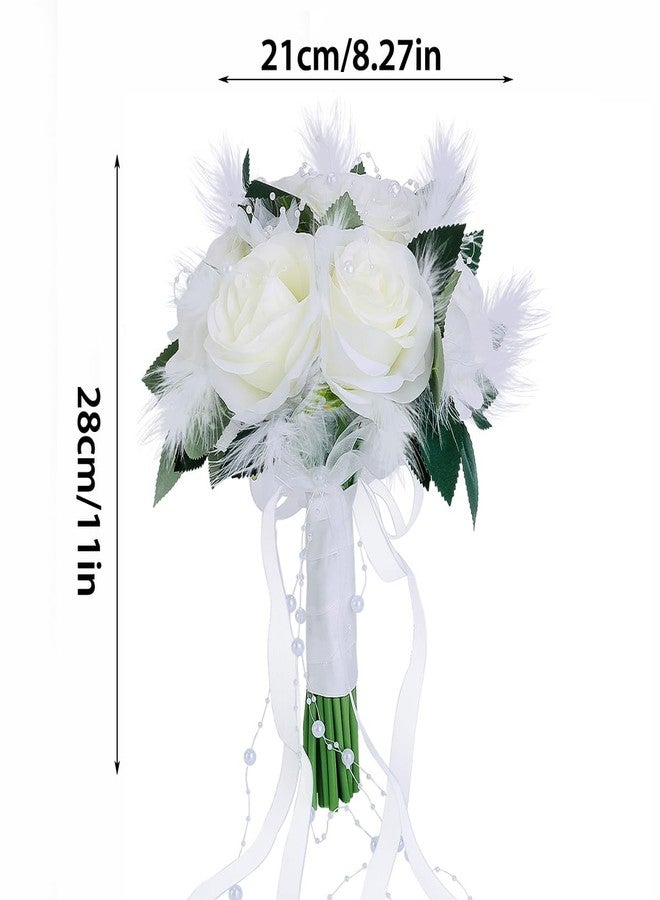 Eforcase Wedding Rose Bouquet Bridesmaid Flower Bouquets, 11" Feather White Rose Boho Wedding Artificial Bouquets for Bride Bridesmaid Holding Flower with Pearls Charm for Ceremony Party Decor Photo Props - Image 4