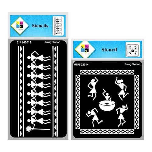 SWAGSTATION Warli Stencils for Painting -Tribal Art Stencils for Craft and Art Set - Tribal Dance Pose- Folk Art Stencil - 6X6 4x8 Inch - 2 Pcs - Reusable DIY Stencils for Home Decoration - Image 1