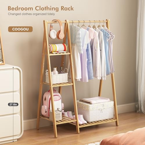 COOGOU Small Clothes Racks,Kids Clothes Hanging Rack, Bamboo Wood Clothing Garment Rack with Shelves, Free Standing Corner Dress Costume Rack for Small Place,Bedroom,Bathroom, Portable - Image 5