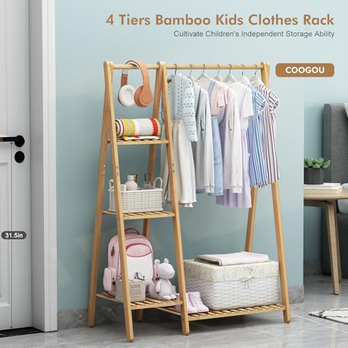 COOGOU Small Clothes Racks,Kids Clothes Hanging Rack, Bamboo Wood Clothing Garment Rack with Shelves, Free Standing Corner Dress Costume Rack for Small Place,Bedroom,Bathroom, Portable - Image 3
