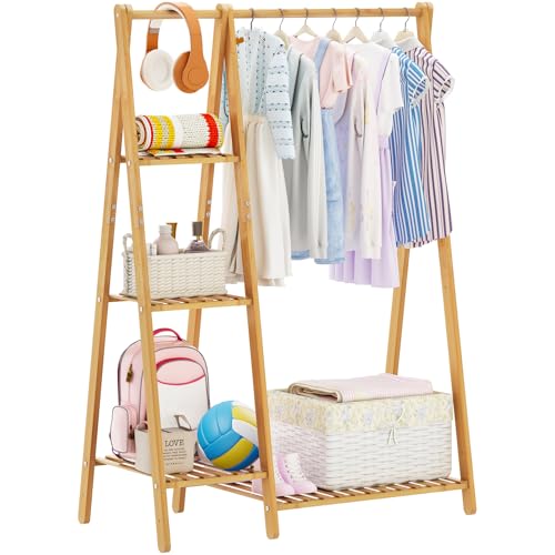 COOGOU Small Clothes Racks,Kids Clothes Hanging Rack, Bamboo Wood Clothing Garment Rack with Shelves, Free Standing Corner Dress Costume Rack for Small Place,Bedroom,Bathroom, Portable - Image 1