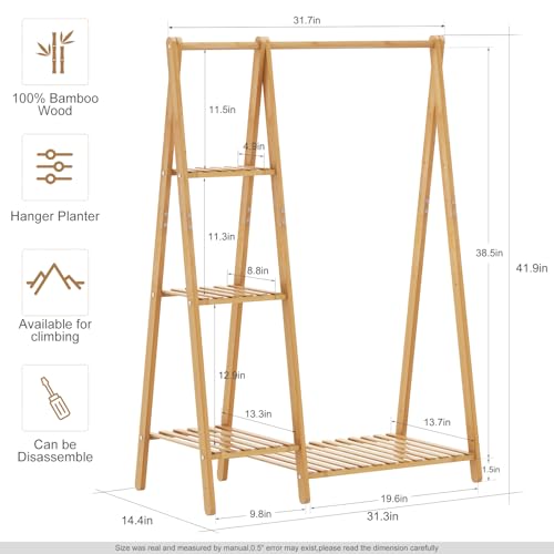 COOGOU Small Clothes Racks,Kids Clothes Hanging Rack, Bamboo Wood Clothing Garment Rack with Shelves, Free Standing Corner Dress Costume Rack for Small Place,Bedroom,Bathroom, Portable - Image 2