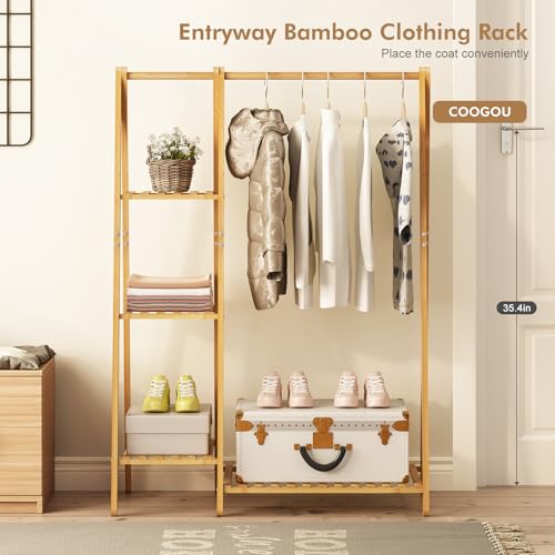 COOGOU Small Clothes Racks,Kids Clothes Hanging Rack, Bamboo Wood Clothing Garment Rack with Shelves, Free Standing Corner Dress Costume Rack for Small Place,Bedroom,Bathroom, Portable - Image 4