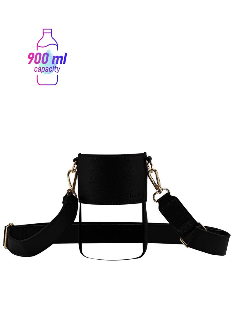 حزام أسود قابل للتعديل من الجلد النباتي بتفاصيل ذهبية لزجاجات 900/1200 مل