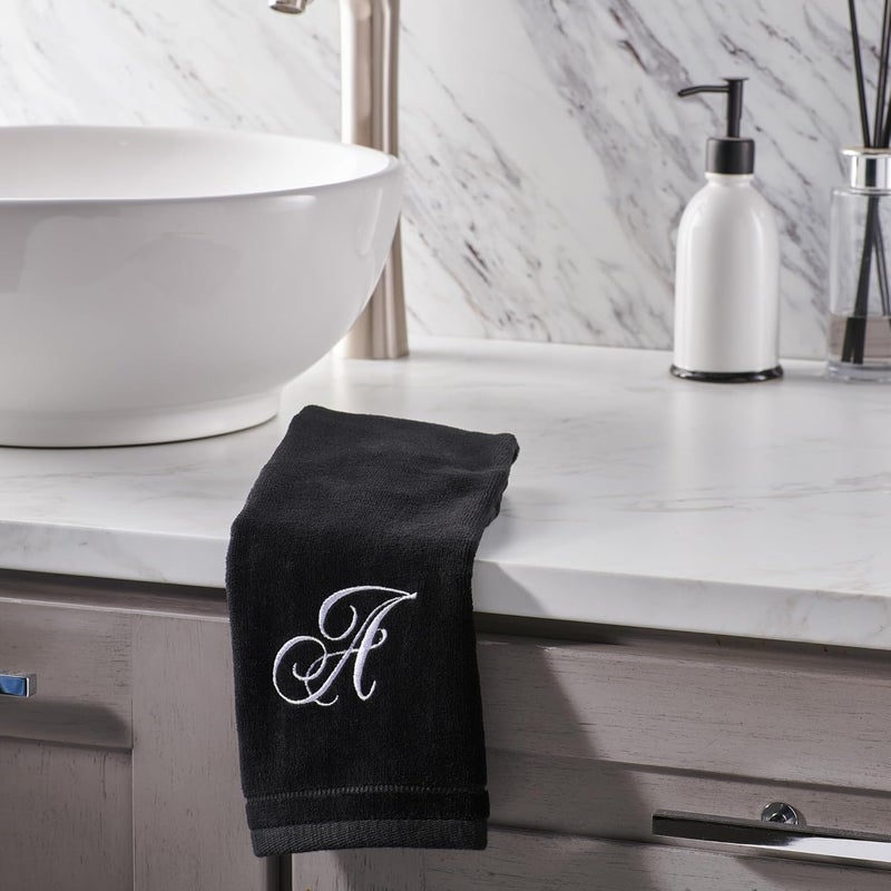 Creative Scents Monogrammed Towels Fingertip, Personalized Gift, 11 x 18 Inches - Set of 2 White Embroidered Towel - Extra Absorbent 100% Cotton - Soft Velour Finish - For Bathroom/ Kitchen/ Spa - Initial W (Black) - Image 2