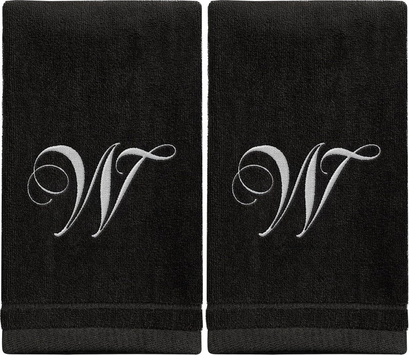Creative Scents Monogrammed Towels Fingertip, Personalized Gift, 11 x 18 Inches - Set of 2 White Embroidered Towel - Extra Absorbent 100% Cotton - Soft Velour Finish - For Bathroom/ Kitchen/ Spa - Initial W (Black) - Image 1