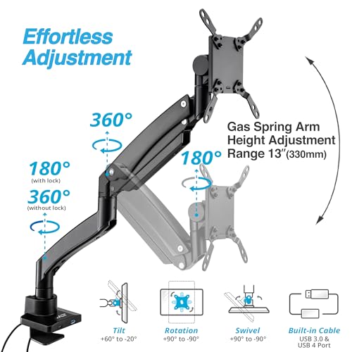 AVLT Single 17"-57" Super Ultrawide Monitor Arm for Screens Up to 59.5 lbs, Premium Aluminum Desk Stand, Adjustable Pneumatic Height, Full Motion Swivel Tilt Rotation, USB-C&A Ports, Black - Image 3