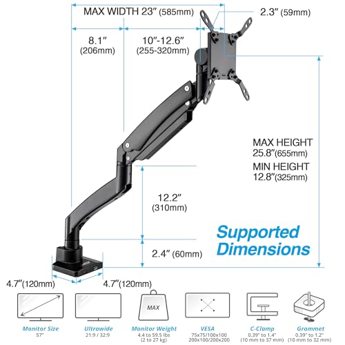 AVLT Single 17"-57" Super Ultrawide Monitor Arm for Screens Up to 59.5 lbs, Premium Aluminum Desk Stand, Adjustable Pneumatic Height, Full Motion Swivel Tilt Rotation, USB-C&A Ports, Black - Image 2