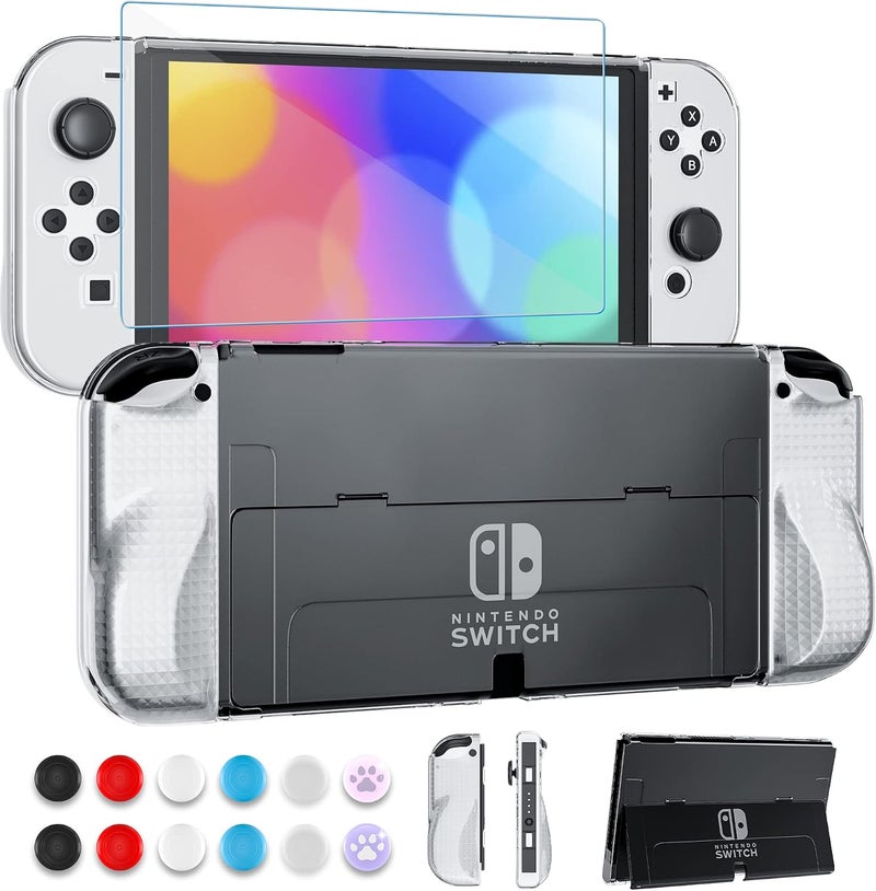 GLDRAM Clear Case Set for Nintendo Switch OLED 2021, Upgrade Protective Case with PC Cover for Switch OLED Console, Transparent Lattice Pattern TPU Joycon Grip Case, Screen protector and Thumb Caps - Image 1