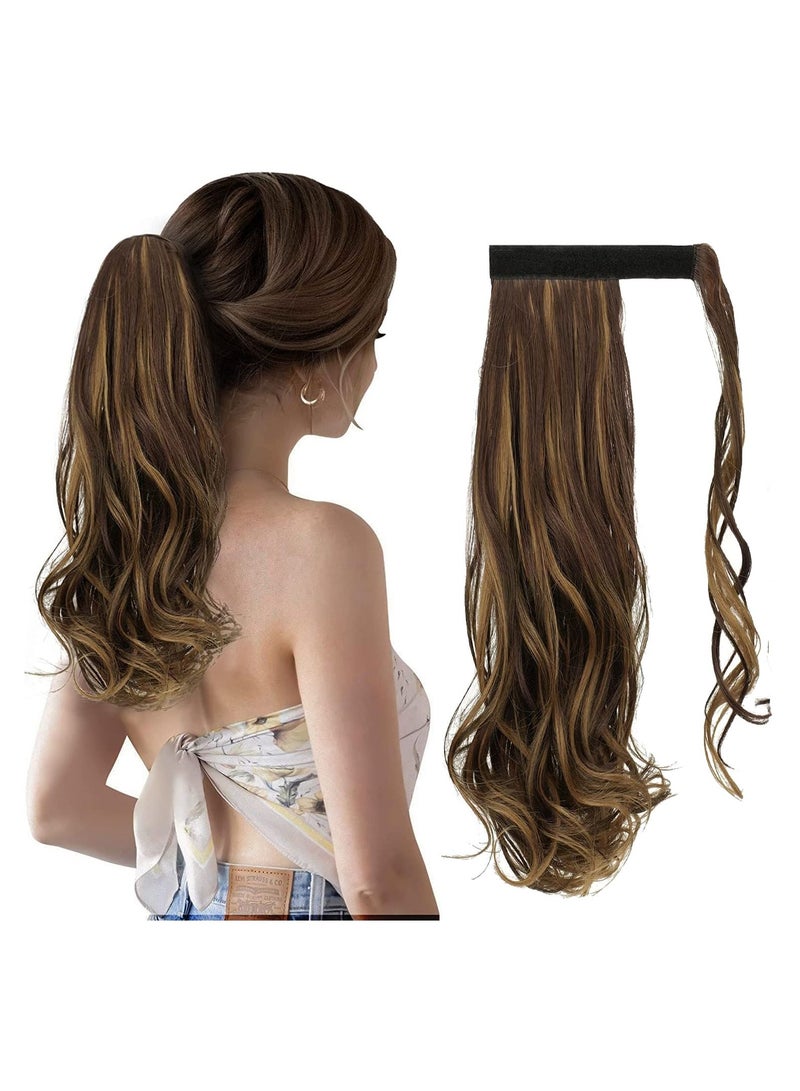 Estelle Curly Ponytail Extension 15 Inch Heat Resistant Synthetic Natural Wavy Hairpiece Wrap Around Pony Tail Hair Extensions for Women Dark Brown / Golden Auburn Curly - Image 1