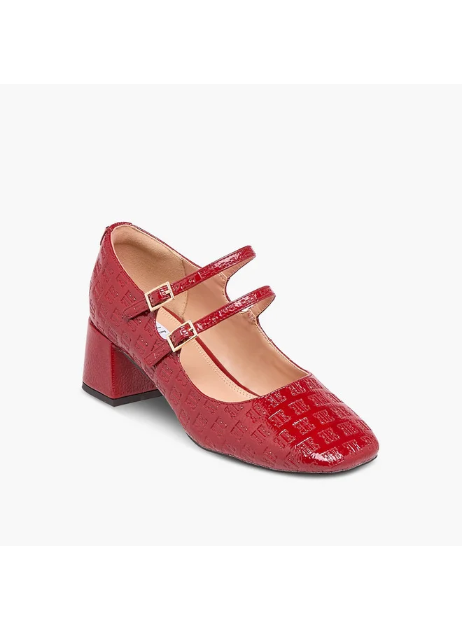 ايل Women's Logo Embossed Block Heel Shoes with Double Buckle Closure