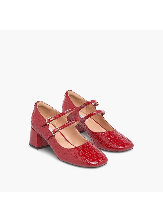 ايل Women's Logo Embossed Block Heel Shoes with Double Buckle Closure