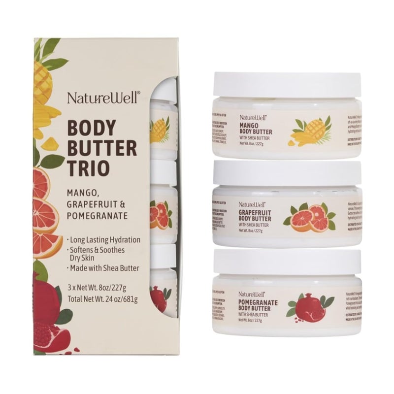 NATURE WELL Shea Body Butter Variety Pack Includes Grapefruit Mango  Pomegranate Provides Ultimate Nourishment  Hydration 3 Pack 8 Ounces Each