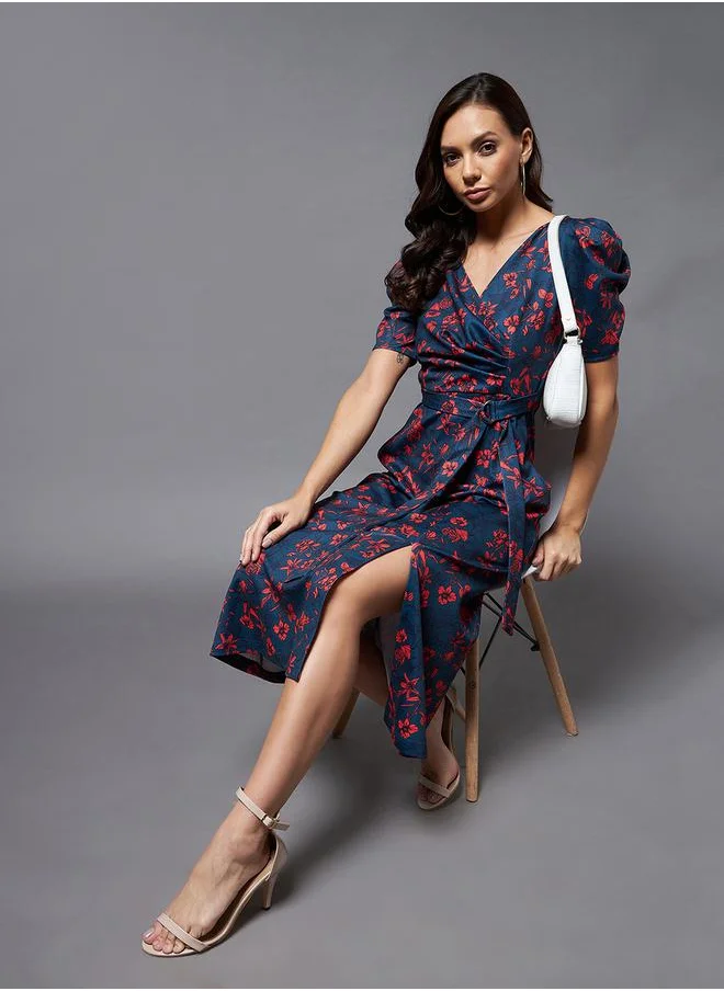 مس تشايس Floral Print Pocket Detail Wrap Midi Dress by Styli