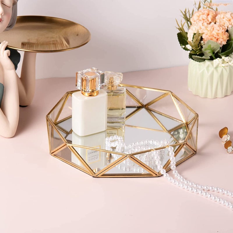 ARTINCO Gold Clear Glass Mirror Make up Vanity Jewelry Organizer Tray Ornate Cosmetic Tray Geometric Shape Perfume Display Tray for Home Decor Dresser Tabletop Countertop 95x21 Inch - Image 3