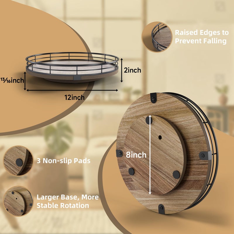 HGF Acacia Wood 12" Lazy Susan Turntable Organizer for Table Top, Farmhouse Round Wooden Lazy Susan for Cabinet Kitchen Centerpieces Coffee Table, for Condiments Spices, Bathroom Vanity Tray Decor - Image 2