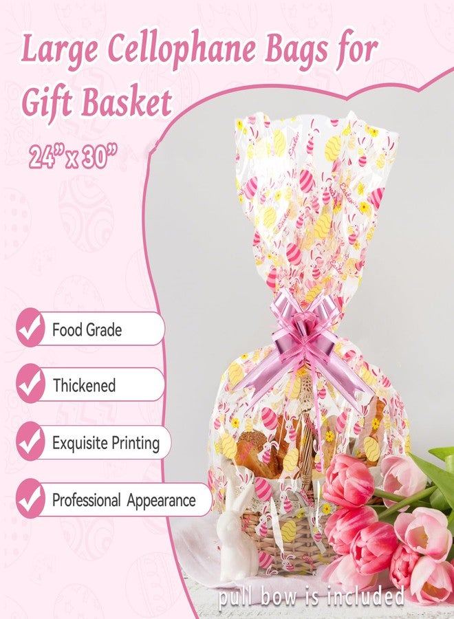 SUREHOME Cellophane Bags for Gift Baskets 24 x 30 Inch Large Clear Gift Bags for Easter Baskets Wrap, Set Of 10 Plastic Cello Bunny Treat Bag with Pull Bow Ribbon for Large Easter Basket - Image 2