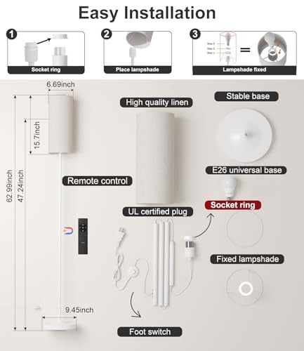luckystyle LED Floor Lamp for Living Room, Dimmable Standing Lamps with Foot Switch,Remote Custom Color Temperature White Pole Lamp with Lampshade,12W Led Bulb Tall Lamps for Bedroom Office Kid Room - Image 5