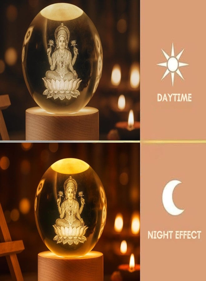 One94Store مصباح ليلي ثلاثي الأبعاد على شكل كرة كريستالية من One94Store - مصباح LED محفور عليه صورة الإلهة لاكشمي، يعمل بمنفذ USB مع قاعدة خشبية، ديكور أنيق للمنزل والمكتب، غرفة نوم، هدية للذكرى السنوية أو عيد الميلاد (أبيض دافئ) - Image 4