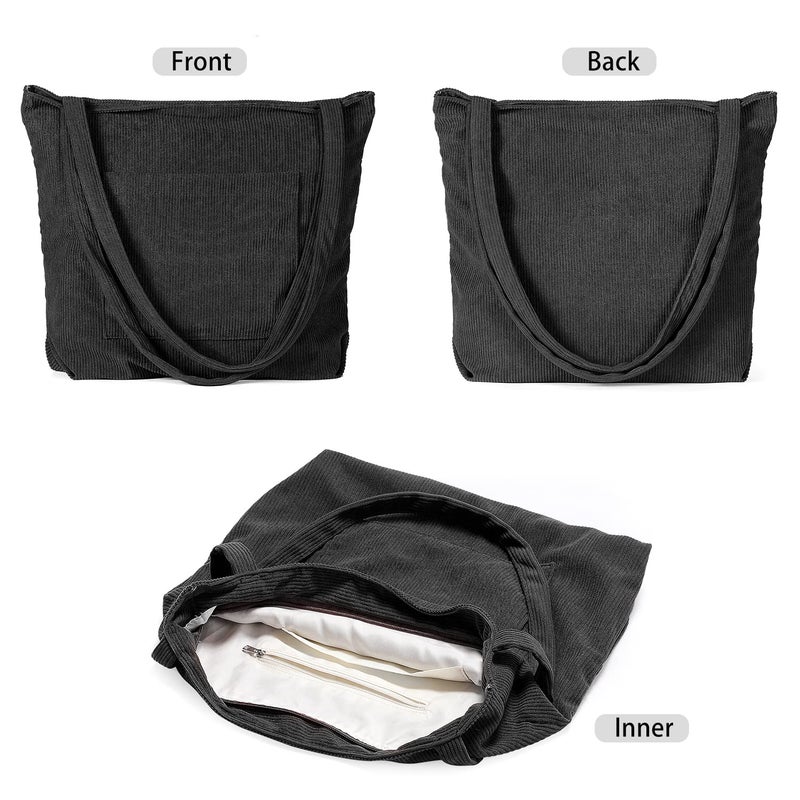 WantGor Women Corduroy Tote, Large Shoulder Hobo Bags Casual Handbags Big Capacity Shopping Purses Work Bag (Black) - Image 2