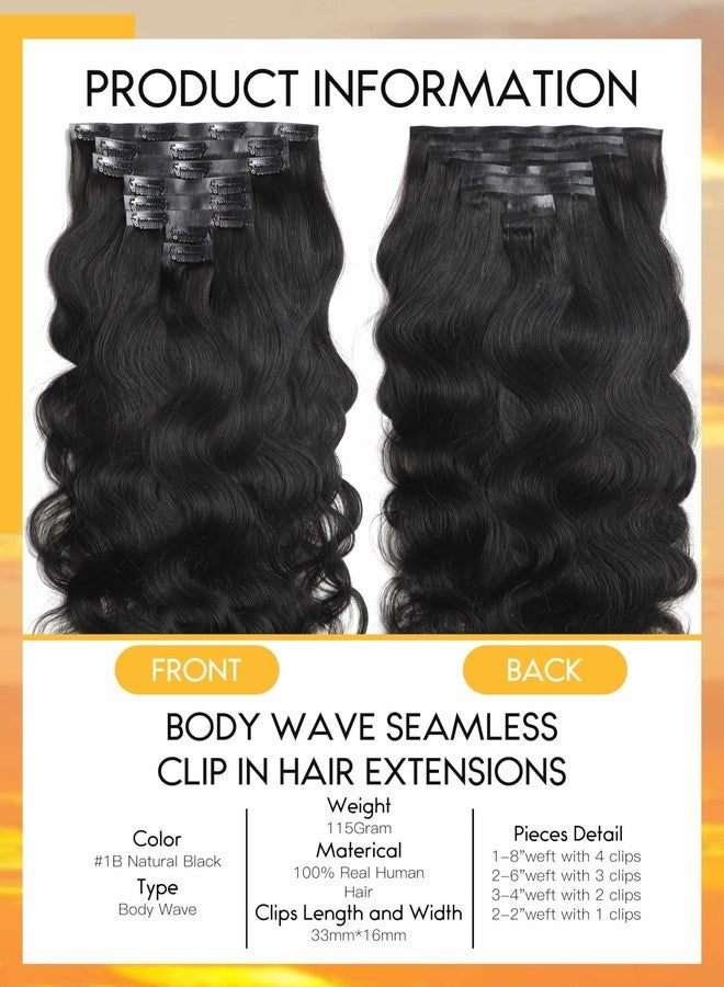 Caliee 16 Inch Body Wave Clip in Hair Extensions Real Human Hair Invisible Skin Weft Virgin Human Hair Soft 8Pcs 115G Natural Black Body Wave Clip ins Human Hair - Image 2