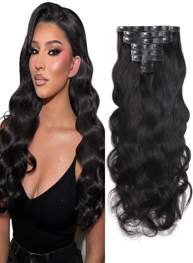 Caliee 16 Inch Body Wave Clip in Hair Extensions Real Human Hair Invisible Skin Weft Virgin Human Hair Soft 8Pcs 115G Natural Black Body Wave Clip ins Human Hair - Image 1