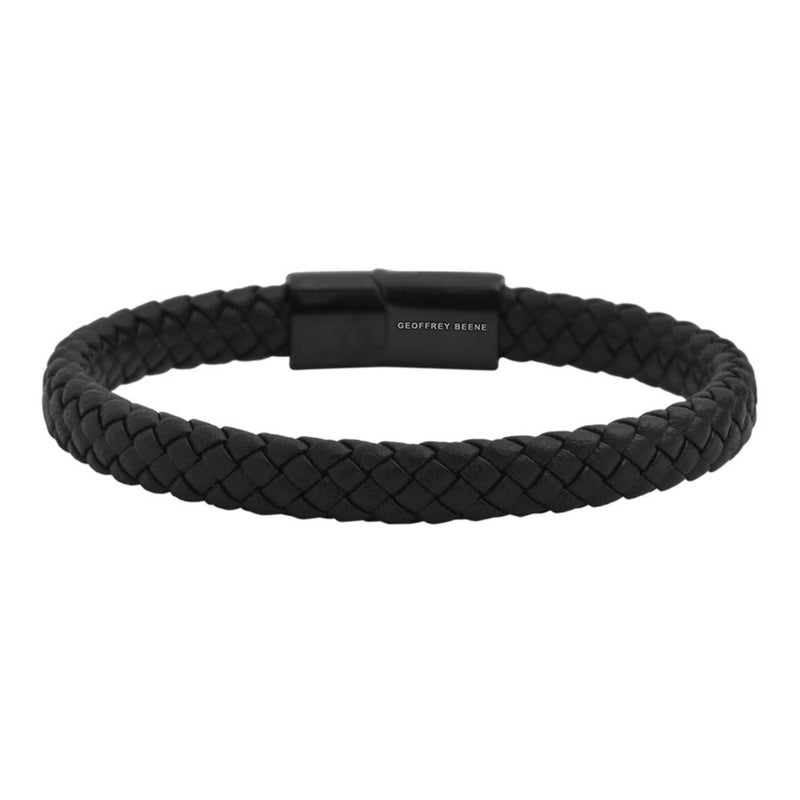 Geoffrey Beene Men's Braided Genuine Leather Bracelet with Stainless Steel Closure, Black - Image 1