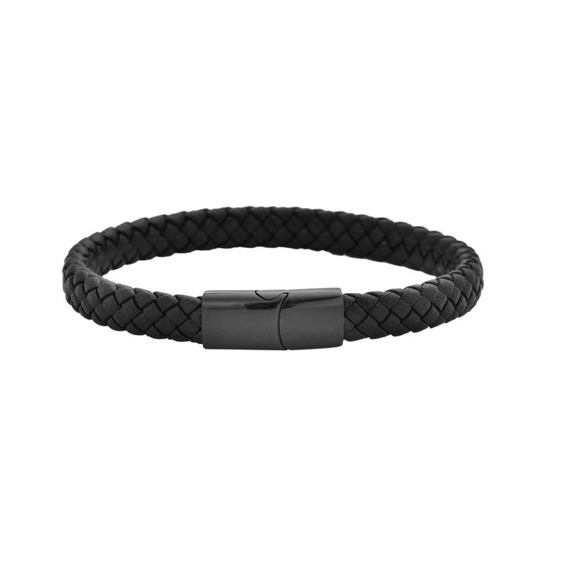 Geoffrey Beene Men's Braided Genuine Leather Bracelet with Stainless Steel Closure, Black - Image 2