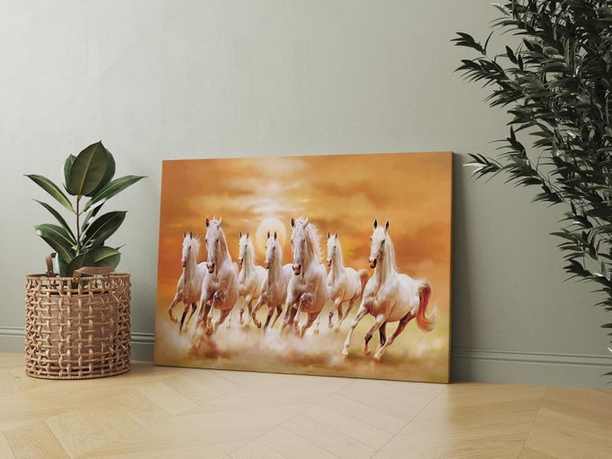 7 HORSES WALL DECOR VASTU PHOTO FRAME PAINTING WITH RISING SUN SEVEN HORSES BIG SIZE CANVAS PAINTING FOR WALL DECORATION LIVING ROOM HOME BEDROOM OFFICE DESIGN 4 60L X 45W CM WRAPPED CANVAS