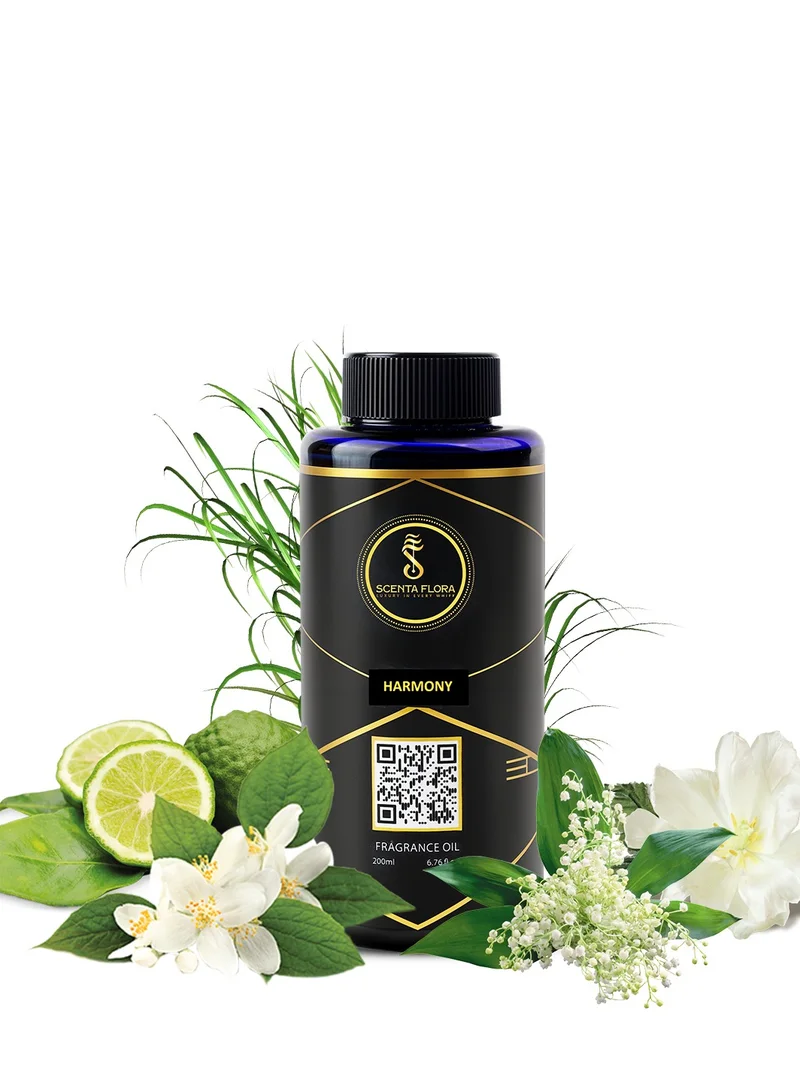 سينتا فلورا زيت عطري "Harmony" من SCENTA FLORA لأجهزة نشر الروائح والعلاج العطري (200 مل) | مزيج من الياسمين والزهور والعنبر | عطر منزلي يدوم طويلاً لغرف المعيشة وغرف النوم والمكاتب وأي مساحة أخرى.