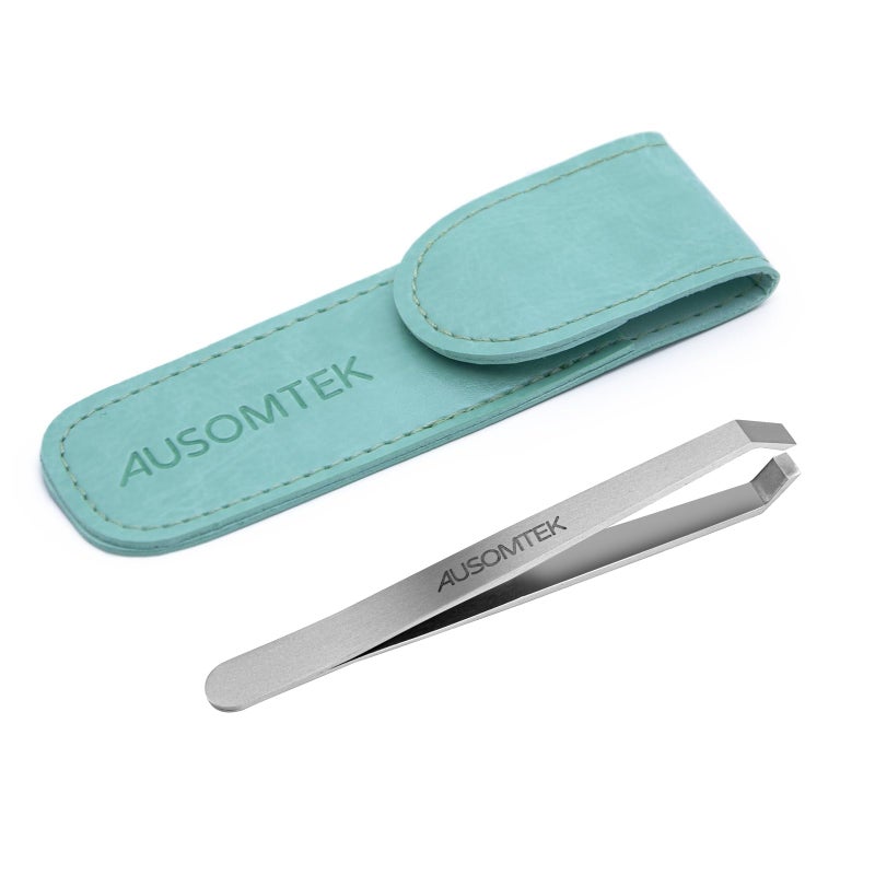 Ausomtek Beard Tweezers, White Hair Plucking Tweezers, Stainless Steel, Fine Hair Removal Tweezers, Eyebrows Shaping Tool, 5mm Tip, Cyan PU Case 1Pack, Silver, 1.0 Count, (BRTW-SSS-96WDQP) - Image 1