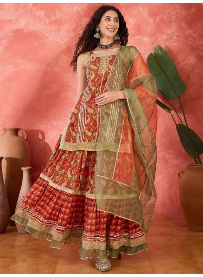 AKS Red Kurta With Tiered Skirt Kurta Set  - Image 1