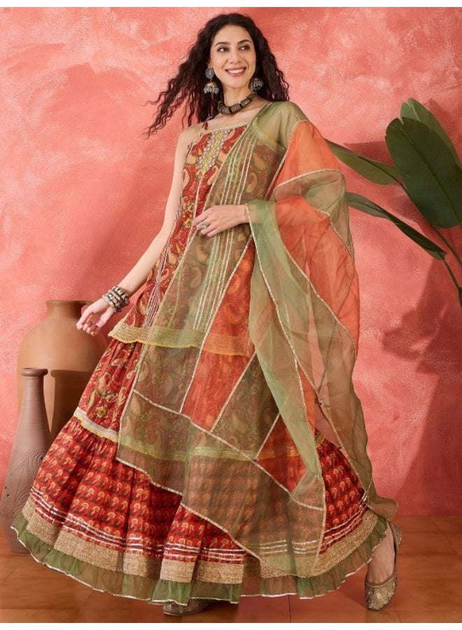 AKS Red Kurta With Tiered Skirt Kurta Set  - Image 4
